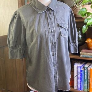At Last Romantic Goth Gray Button-Up Blouse with Puff Sleeves